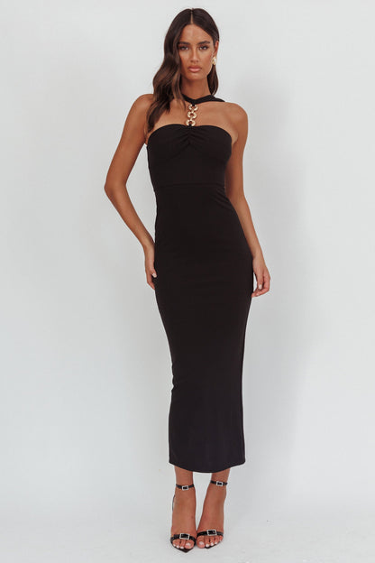 Maretha Gold Link Neckline Maxi Dress Black