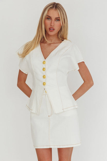 Over It Short Gold Button Mini Skirt Cream
