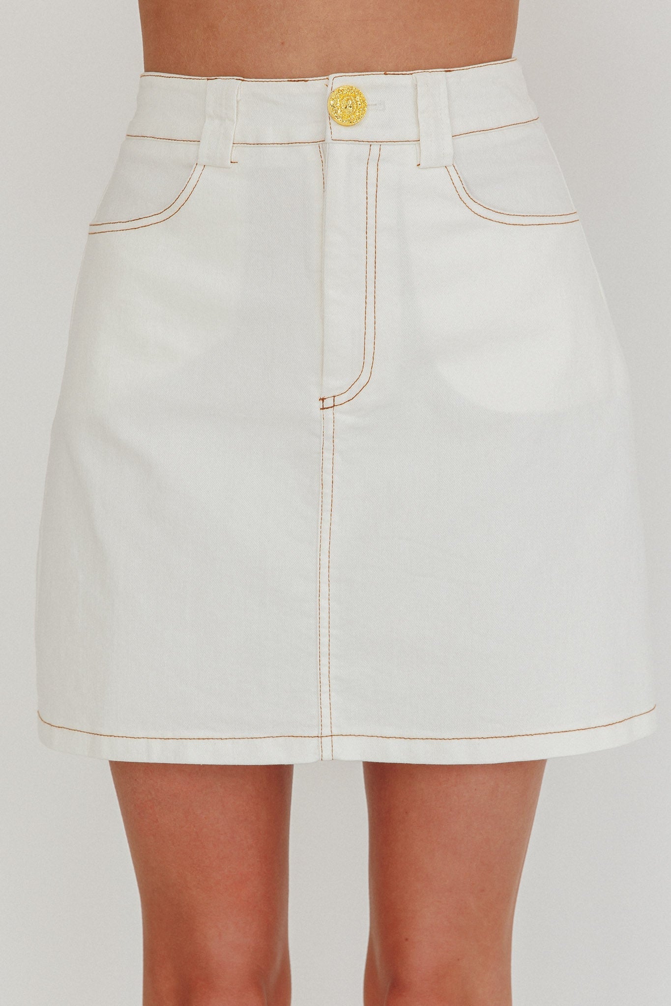 Over It Short Gold Button Mini Skirt Cream