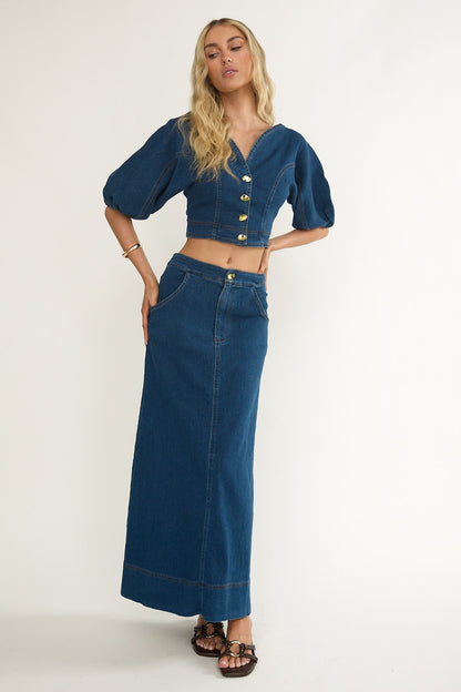 Kaelis Pocket Maxi Skirt Denim