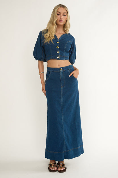 Kaelis Pocket Maxi Skirt Denim