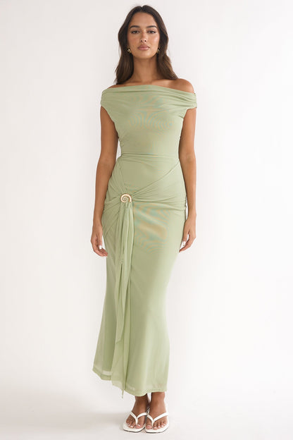 Lyssia Off-Shoulder Waist Sash Maxi Dress Sage