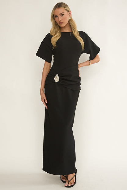 Briona Short Sleeve Buckle Maxi Dress Black