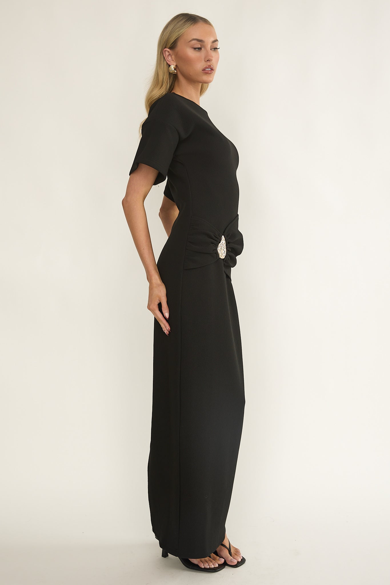 Briona Short Sleeve Buckle Maxi Dress Black