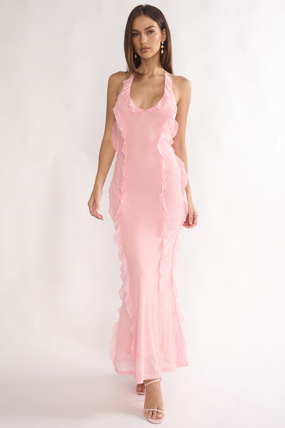 Collins Halter Ruffle Trim Maxi Dress Pink