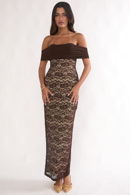 Jewelene Off-Shoulder Maxi Dress Lace Chocolate