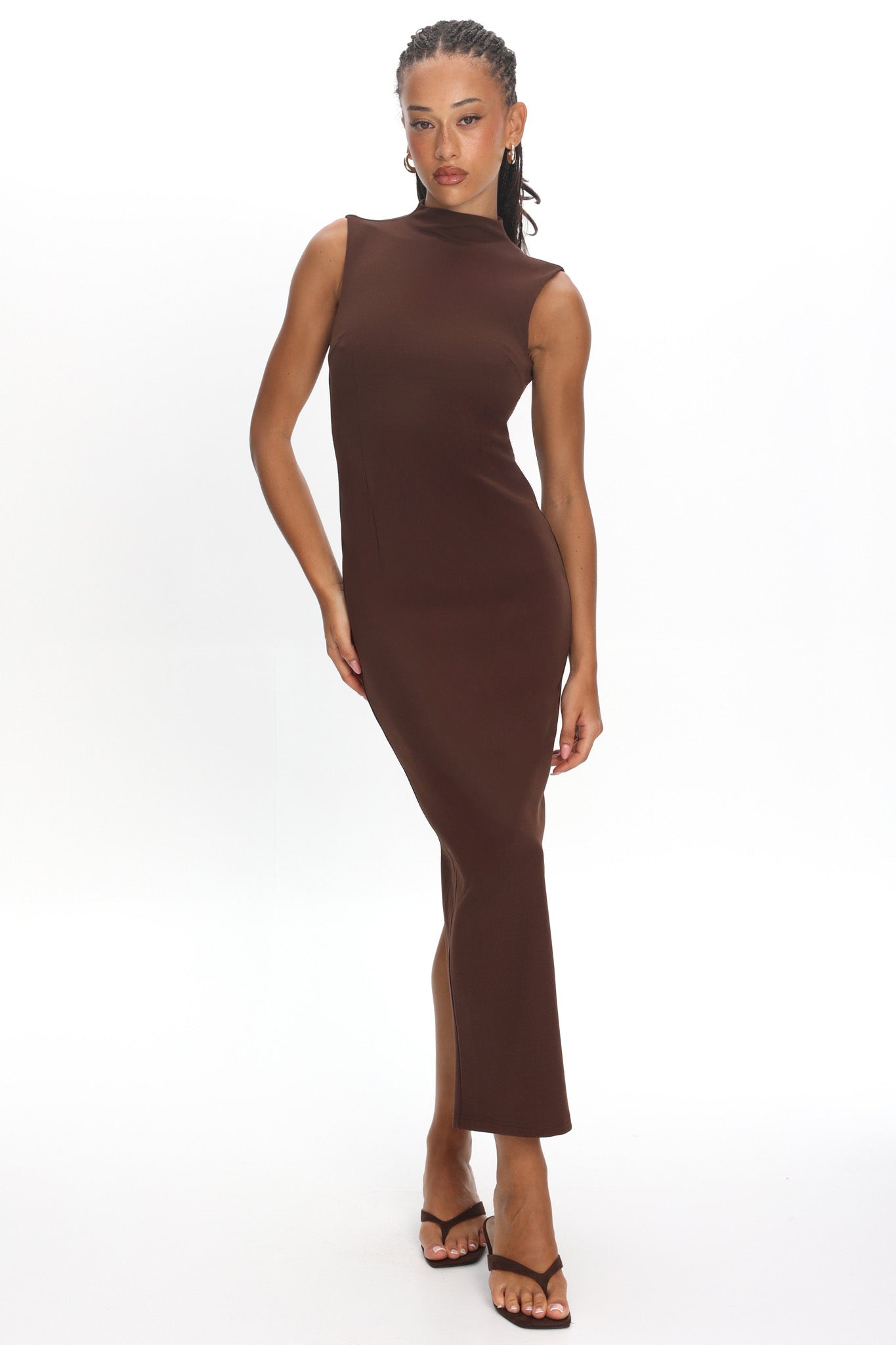 Tellora Backless Mock Neck Maxi Dress Chocolate