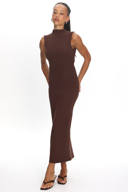 Tellora Backless Mock Neck Maxi Dress Chocolate