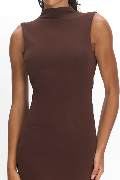 Tellora Backless Mock Neck Maxi Dress Chocolate