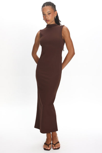 Tellora Backless Mock Neck Maxi Dress Chocolate