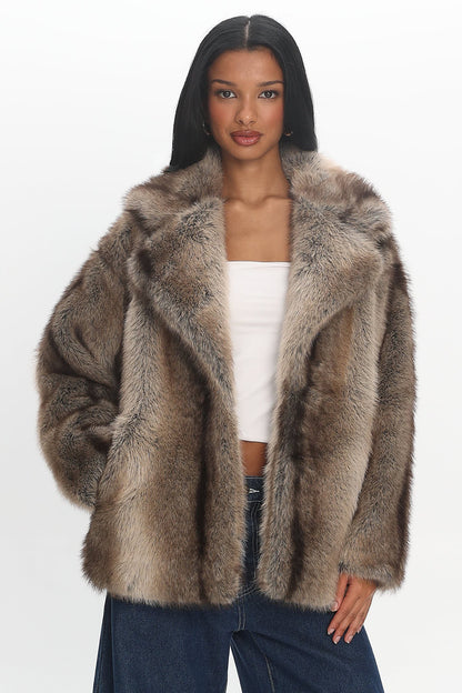 Soraya Notch Lapel Faux Fur Coat Brown