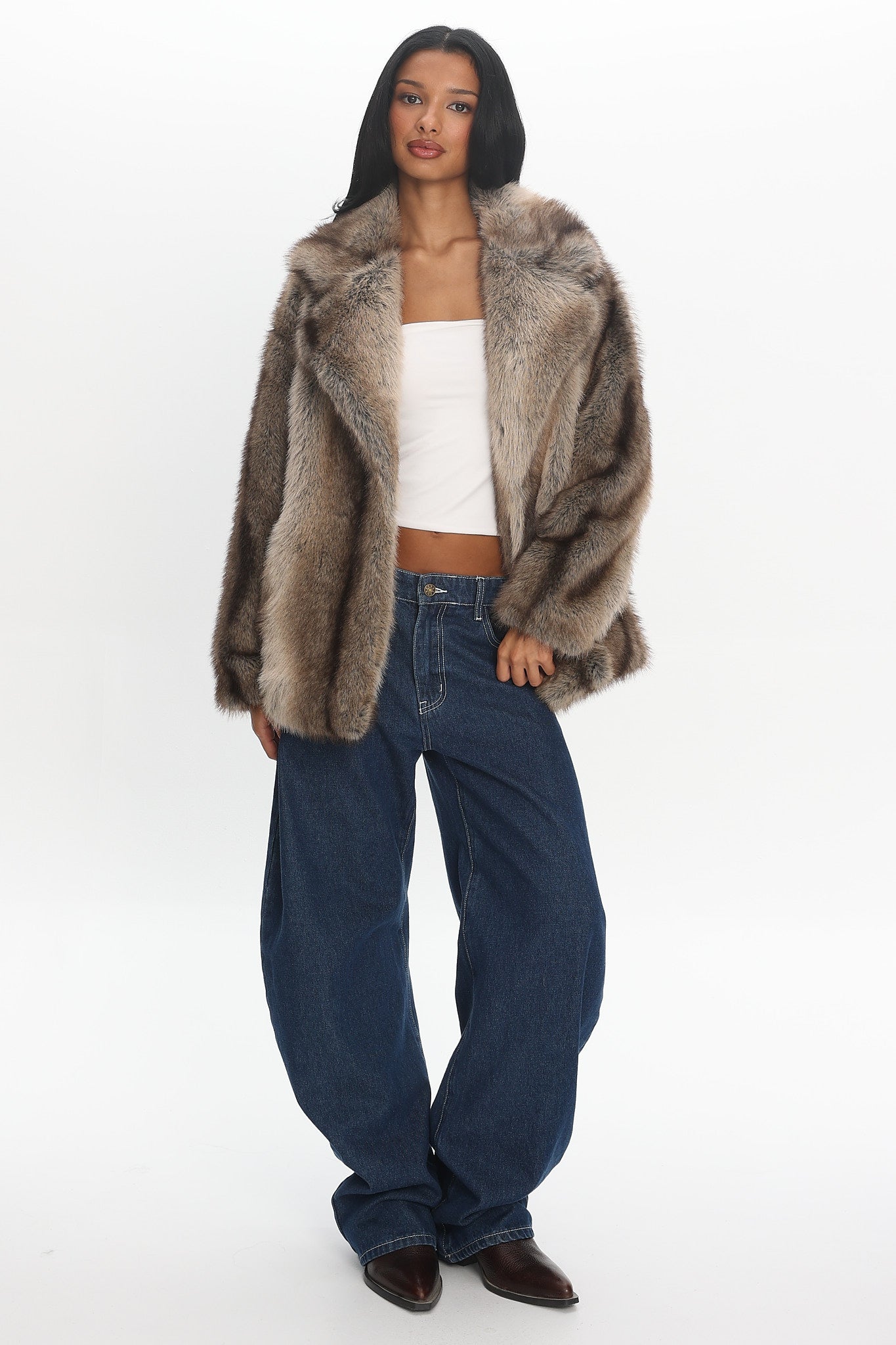 Soraya Notch Lapel Faux Fur Coat Brown