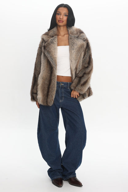 Soraya Notch Lapel Faux Fur Coat Brown