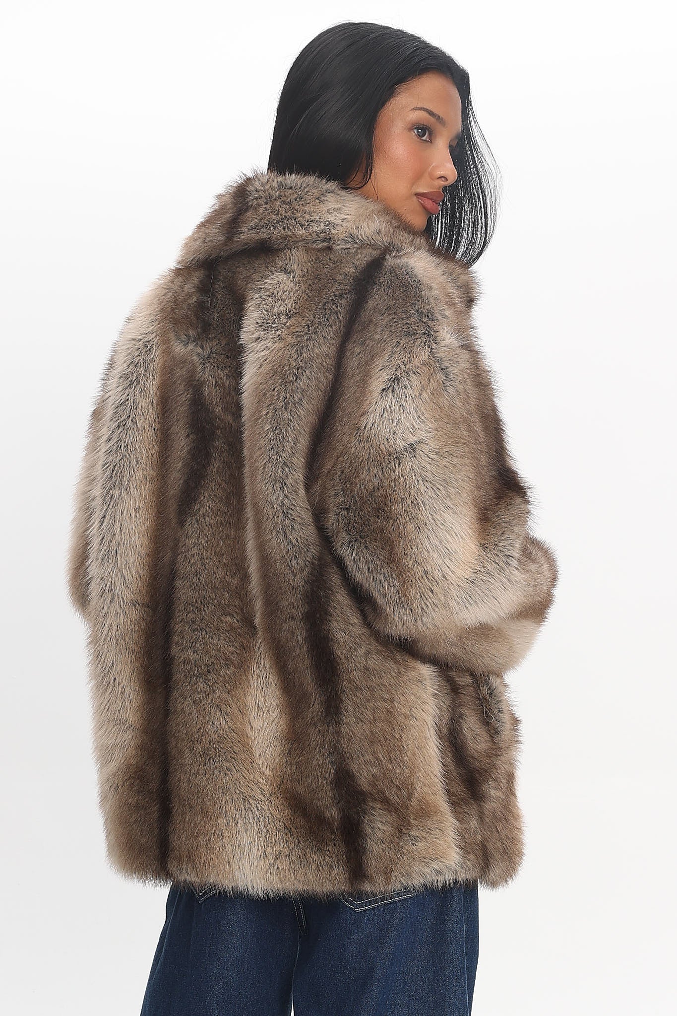 Soraya Notch Lapel Faux Fur Coat Brown