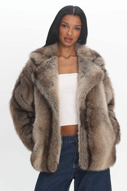Soraya Notch Lapel Faux Fur Coat Brown