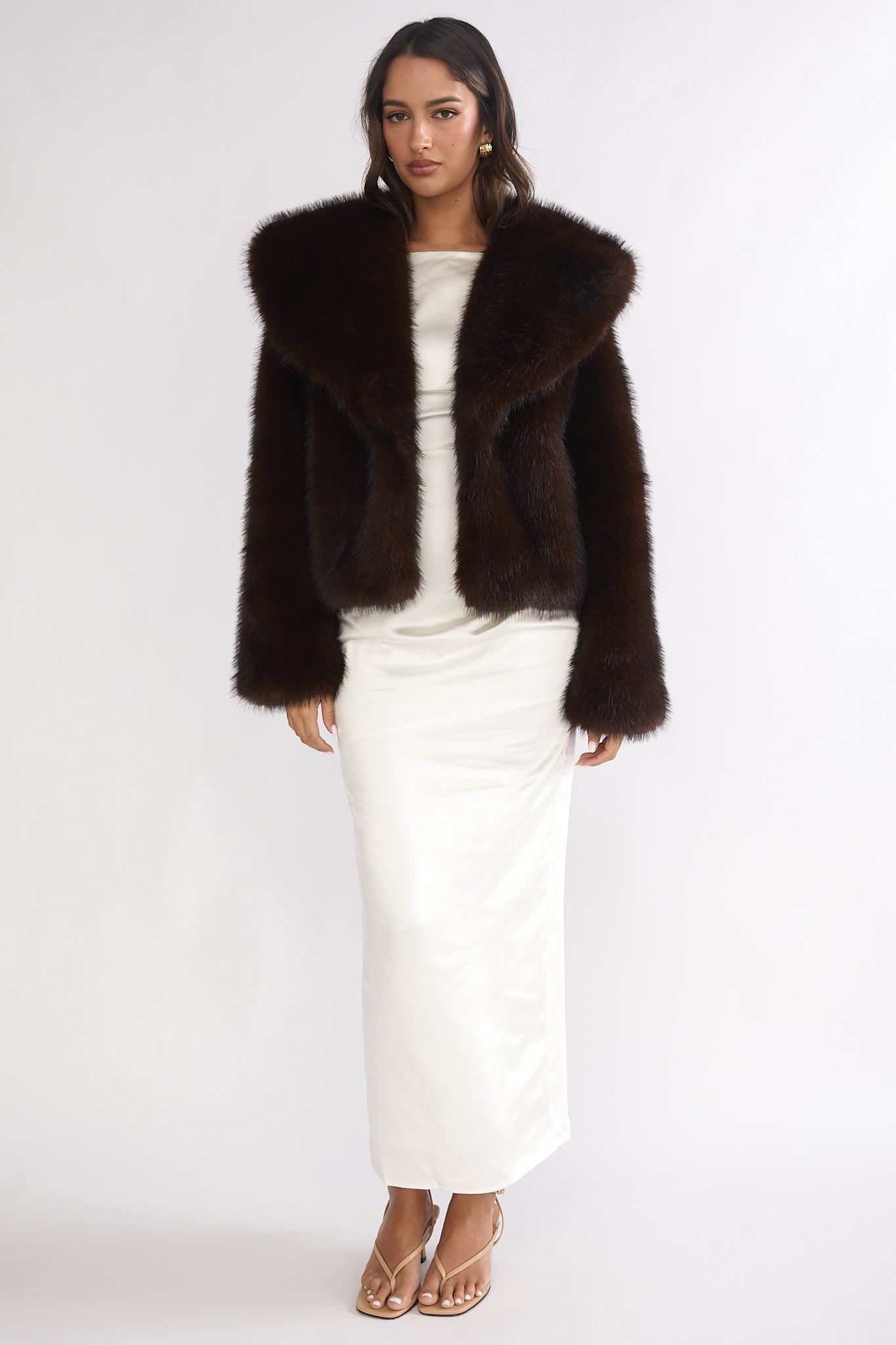 Marella Oversized Lapel Faux Fur Jacket Coffee