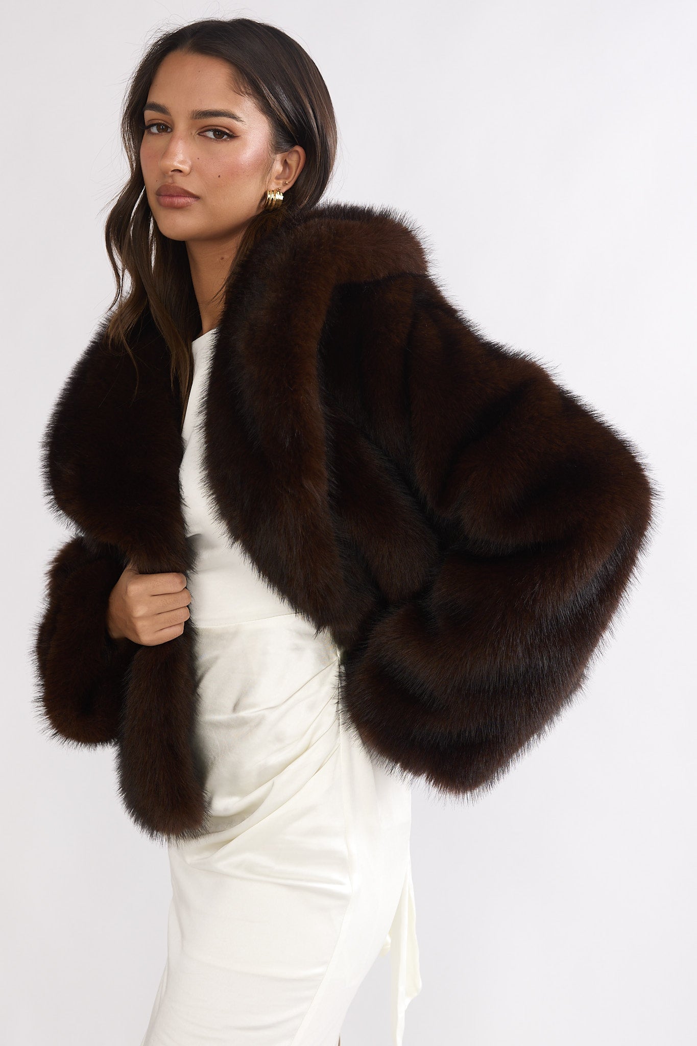 Marella Oversized Lapel Faux Fur Jacket Coffee