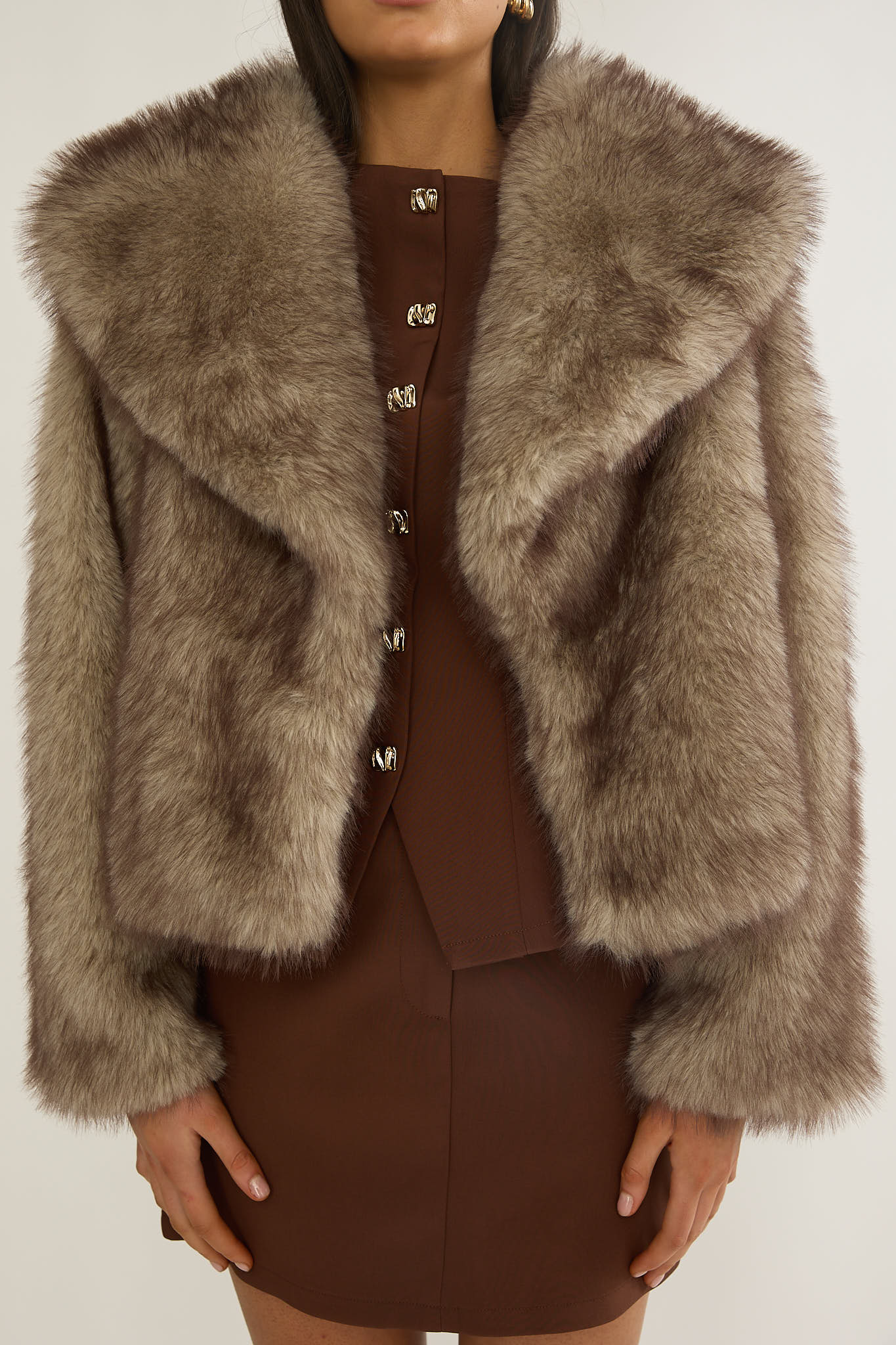 Marella Oversized Lapel Faux Fur Jacket Taupe