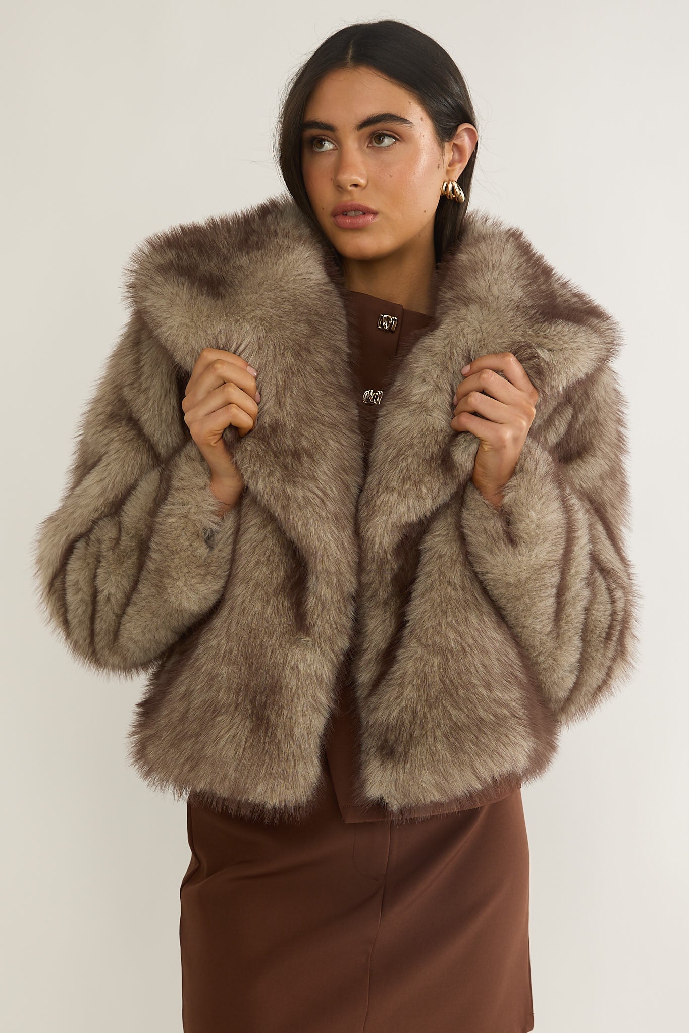Marella Oversized Lapel Faux Fur Jacket Taupe