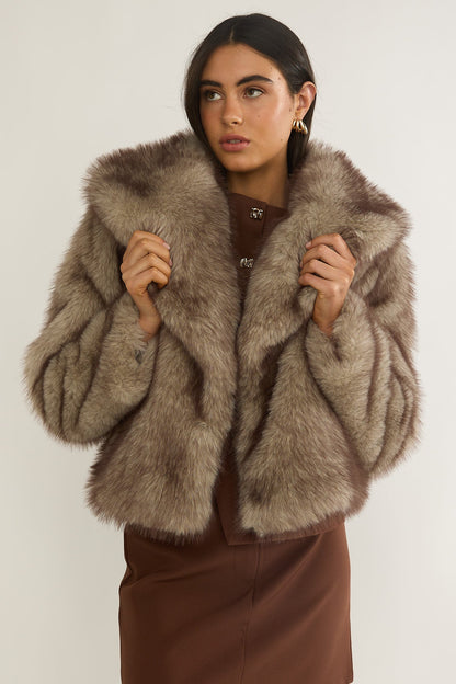 Marella Oversized Lapel Faux Fur Jacket Taupe
