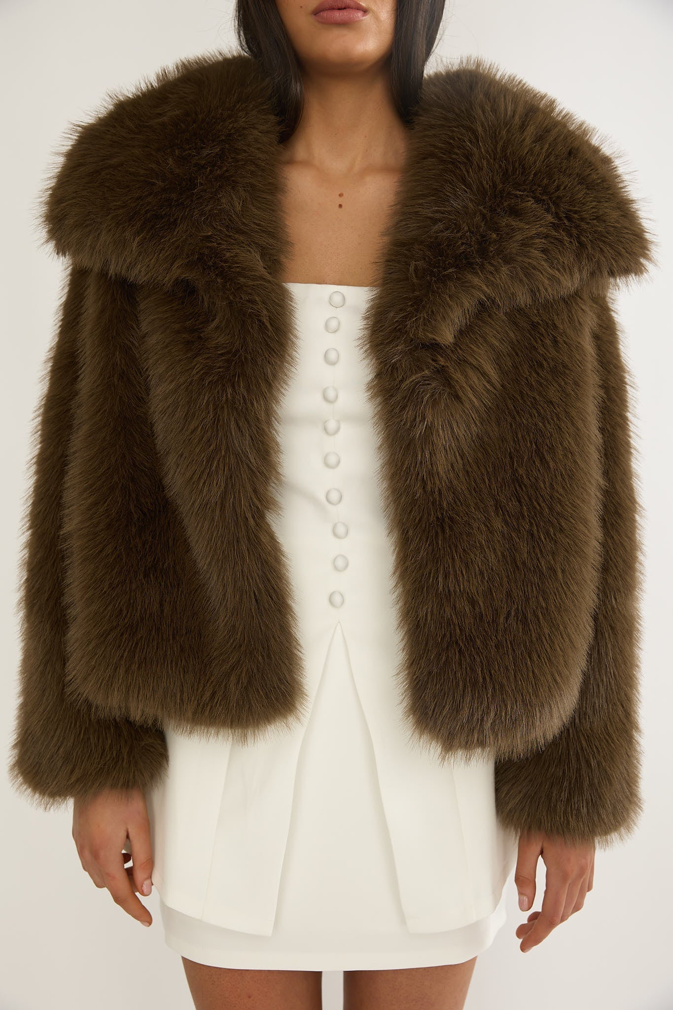 Harlequinn Oversized Lapel Faux Fur Jacket Coffee