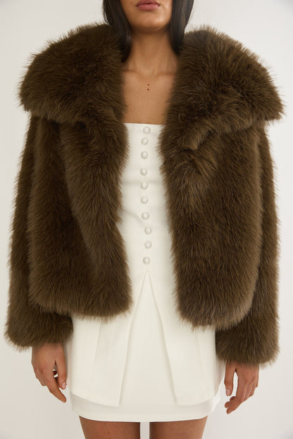 Harlequinn Oversized Lapel Faux Fur Jacket Coffee