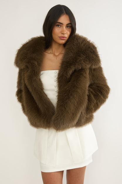 Harlequinn Oversized Lapel Faux Fur Jacket Coffee