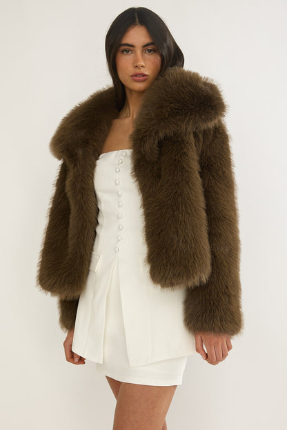 Harlequinn Oversized Lapel Faux Fur Jacket Coffee