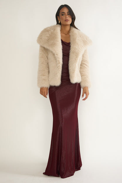 Harlequinn Oversized Lapel Faux Fur Jacket Taupe