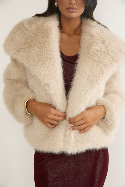 Harlequinn Oversized Lapel Faux Fur Jacket Taupe