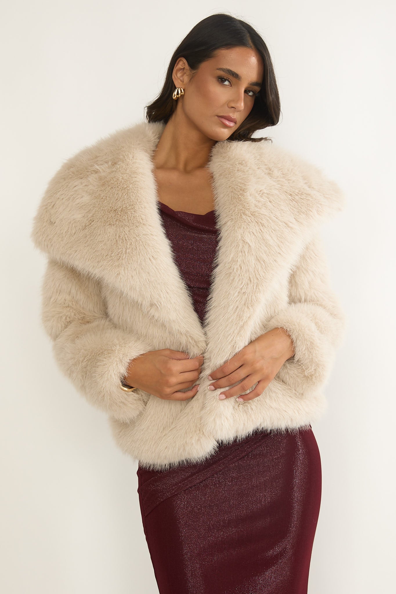 Harlequinn Oversized Lapel Faux Fur Jacket Taupe