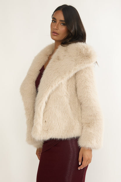 Harlequinn Oversized Lapel Faux Fur Jacket Taupe