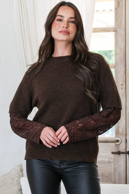 Calloway Knit Top - Crew Neck Knit with Lace Sleeve Inserts in Chocolate