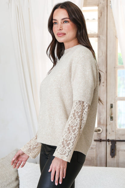 Calloway Knit Top - Crew Neck Knit with Lace Sleeve Inserts in Cream