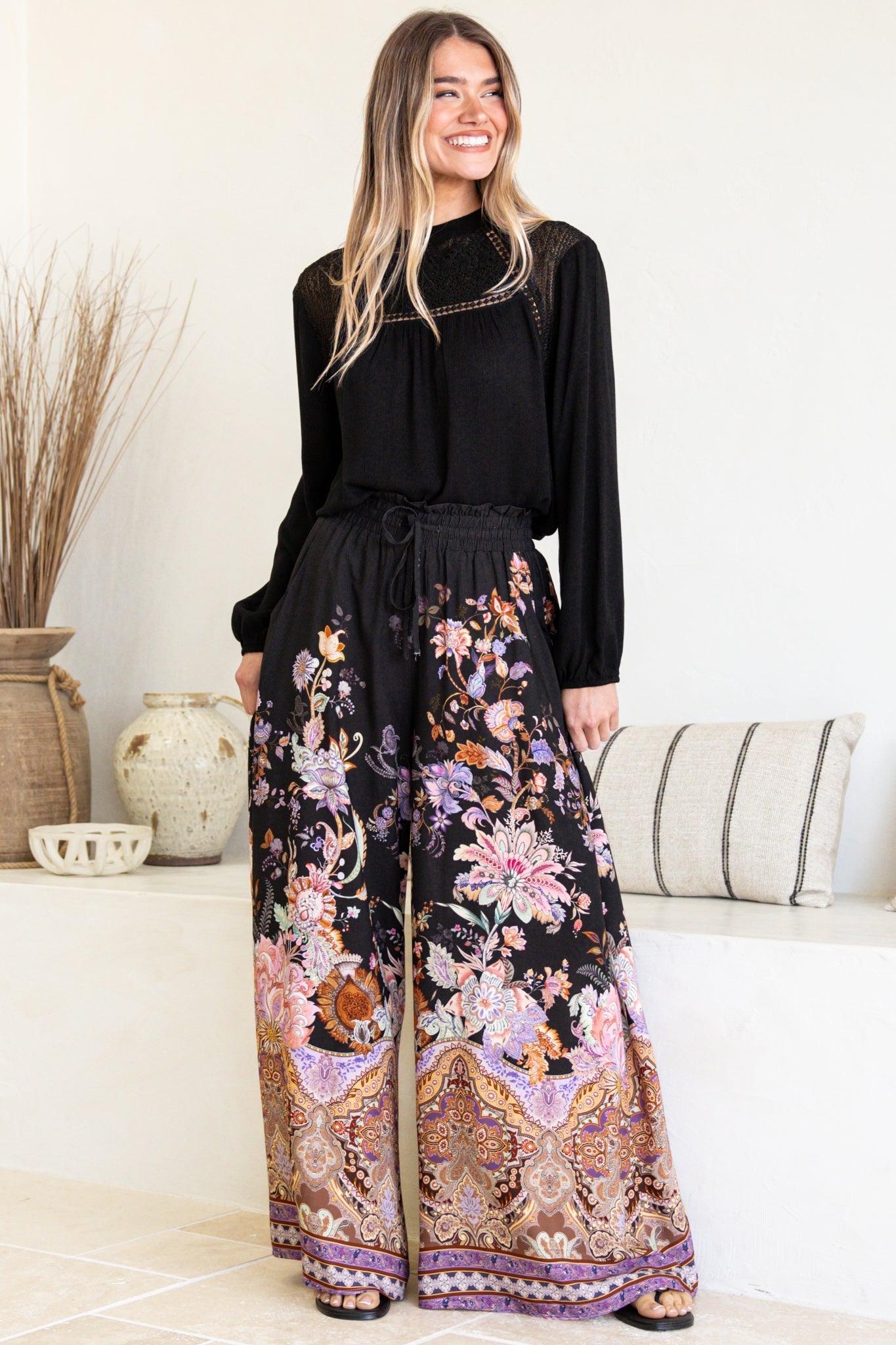 Charli Pants - Paper Bag High Waisted Wide Leg Pants in Zaria Print