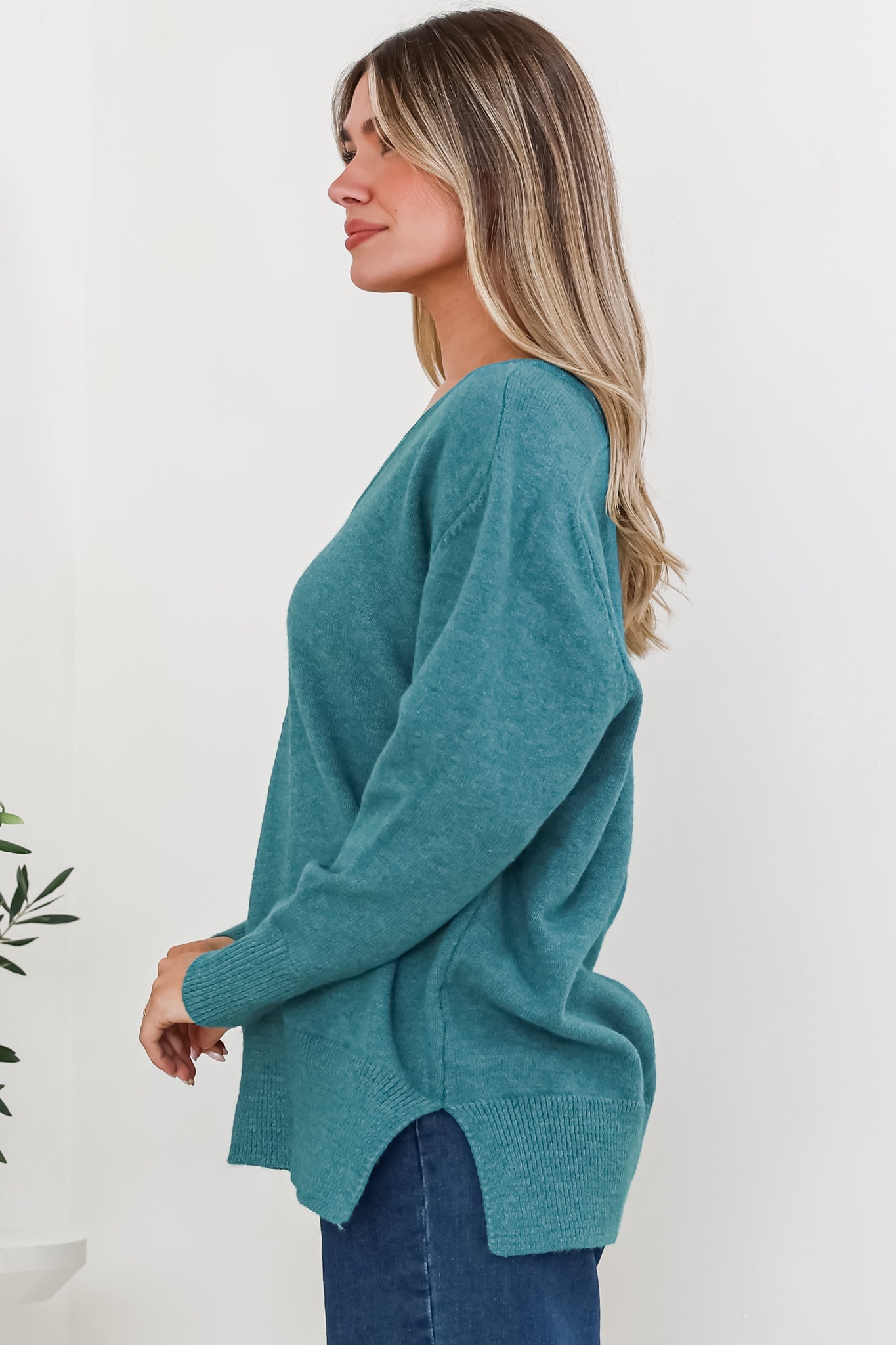 Clarke Jumper - V-Neck Batwing Sleeve Ribbed Step Hemline Knit in Teal