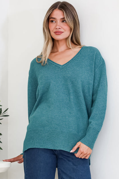 Clarke Jumper - V-Neck Batwing Sleeve Ribbed Step Hemline Knit in Teal