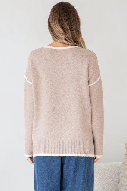 Dean Jumper - Crew Neck Contrast Trim Step Hem Knit in Latte