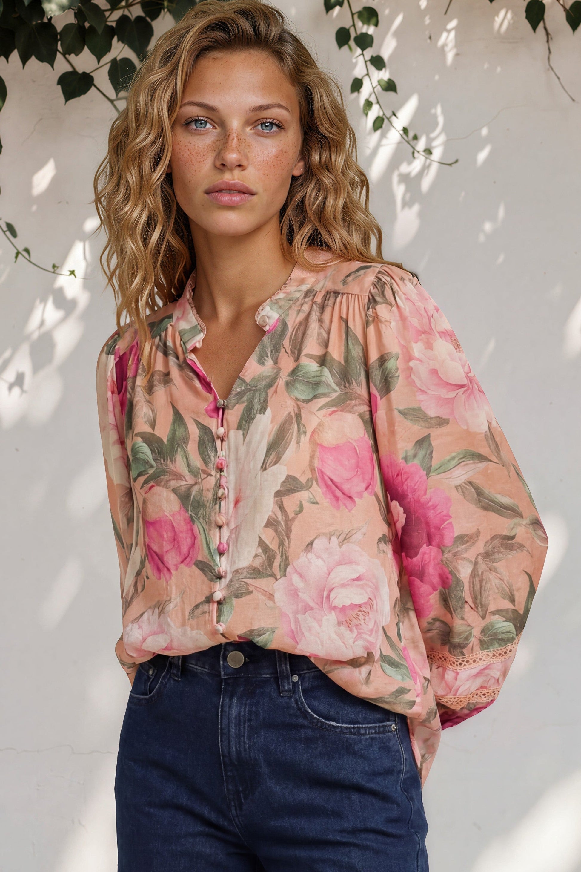 Diandra Blouse - Lace Trim Mandarin Collar Button Down with Balloon Sleeves in Tiana Print Pink