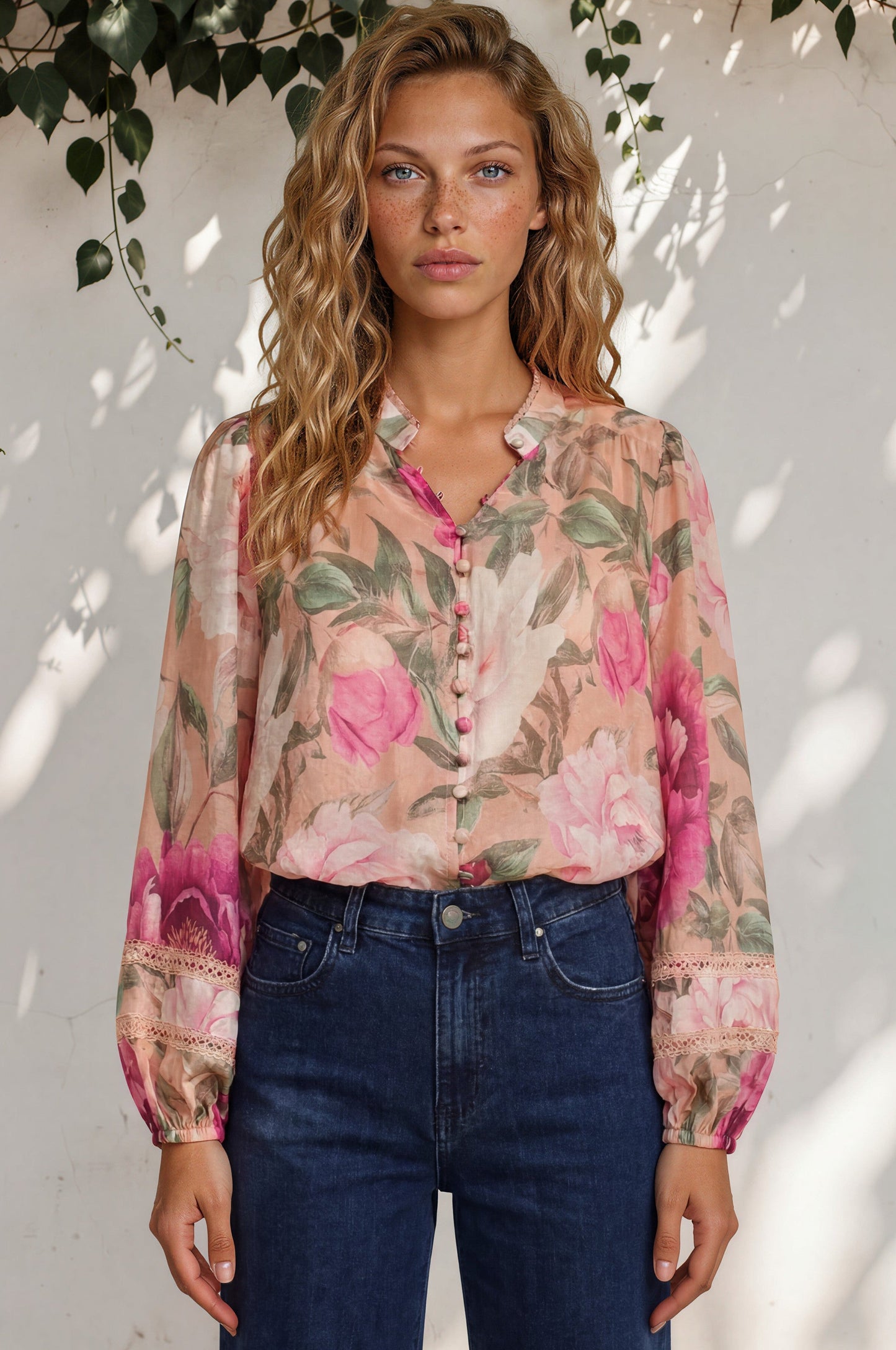Diandra Blouse - Lace Trim Mandarin Collar Button Down with Balloon Sleeves in Tiana Print Pink