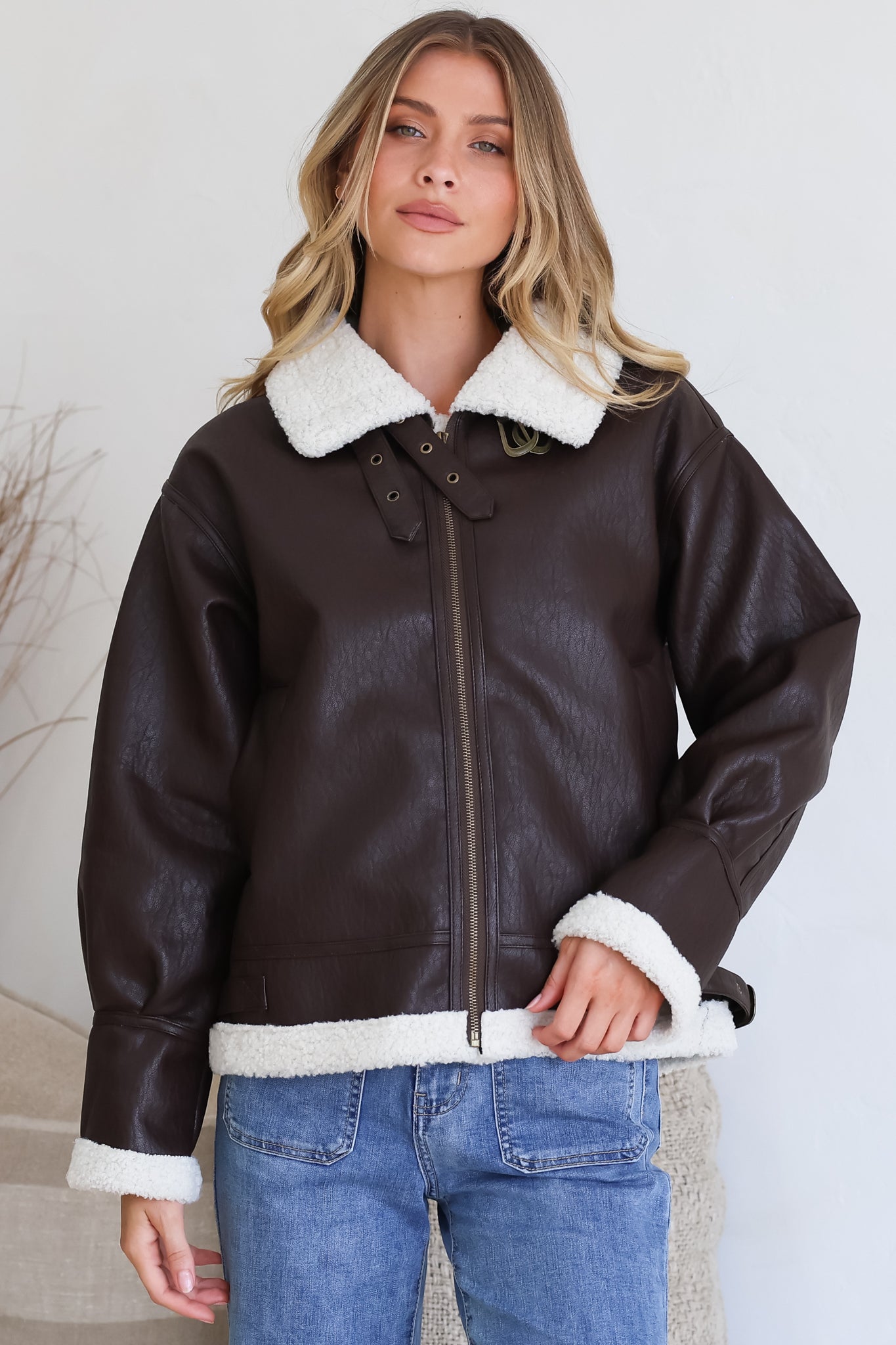 Domingo Jacket - Wing Collared Fleece Lined Biker Jacket in Brown