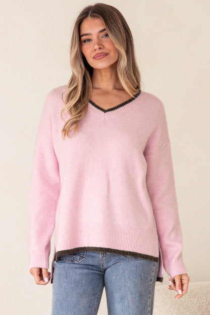 Edan Jumper - V-Neck Contrast Trim Step Hem Jumper in Pink