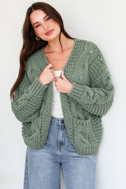 Elias Cardigan - Open Front Thick Cable Knit with Pockets in Sage