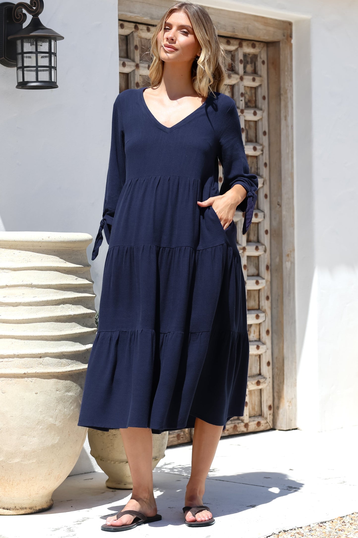 Elisabette Midi Dress - V-Neck Tiered Linen Dress with 3/4 Tie Cuff Sleeves in Navy