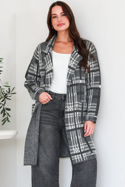 Ellington Cardigan - Lapel Collar Checkered Knit with Pockets in Grey