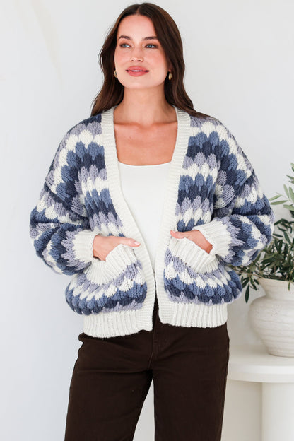 Gianni Cardigan - Open Bubble Knit with Pockets and Rib Knit Trims in Blue