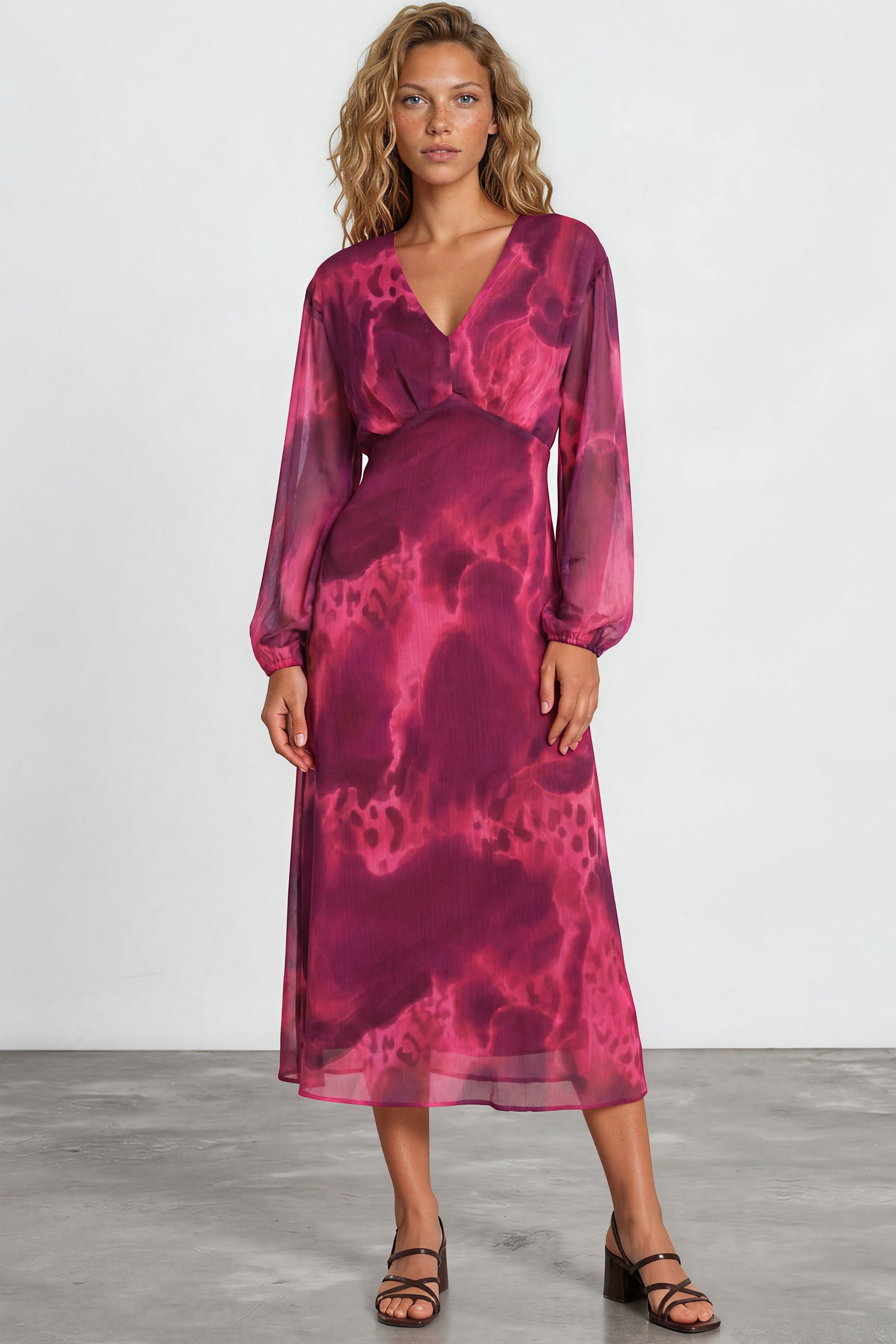 Hadassah Maxi Dress - V Neckline with Long Balloon Sleeves in Victorian Mauve Print