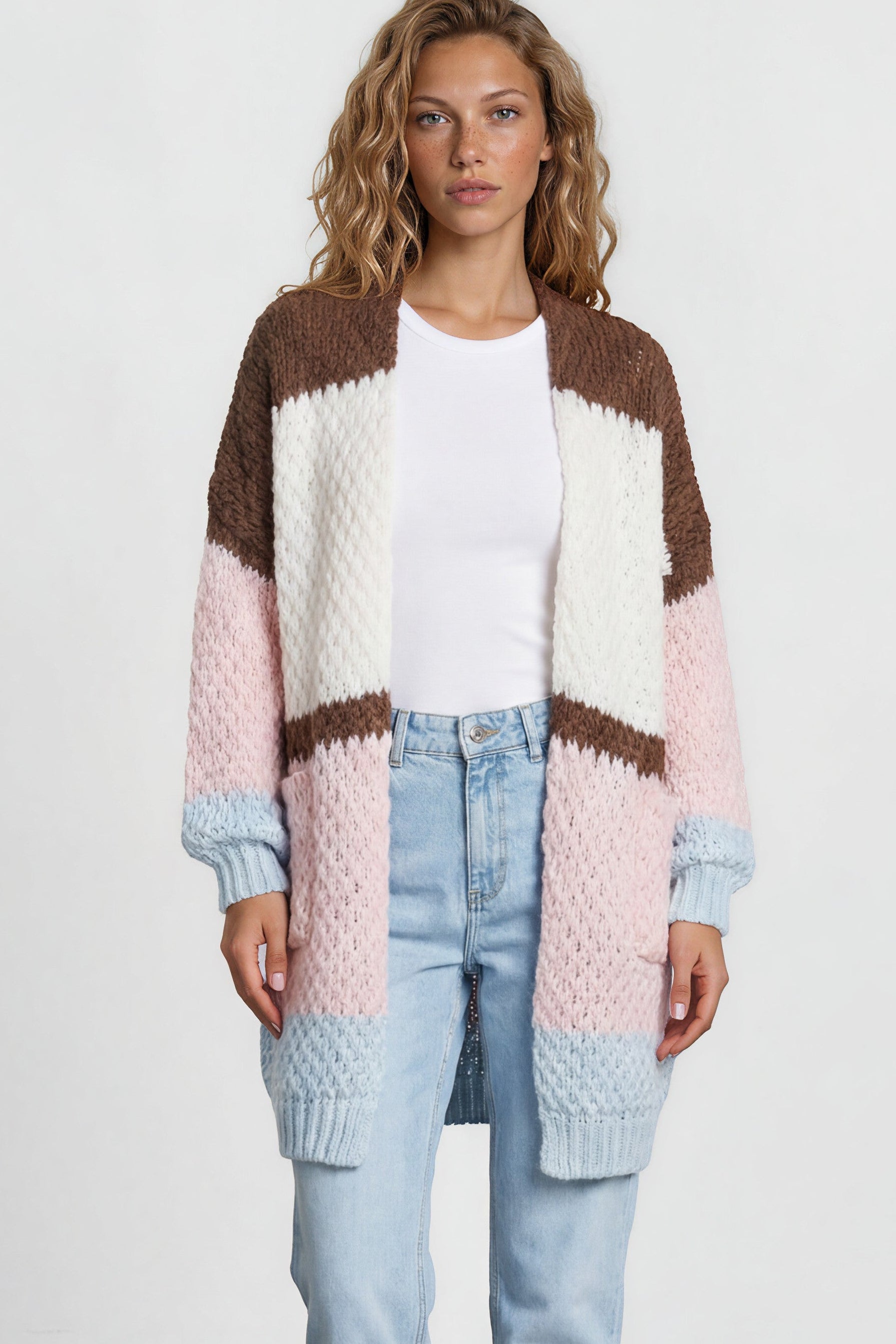 Hana Cardigan - Open Lattice Knit with Pockets and Balloon Sleeves in White/Coffee Multi