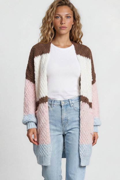 Hana Cardigan - Open Lattice Knit with Pockets and Balloon Sleeves in White/Coffee Multi