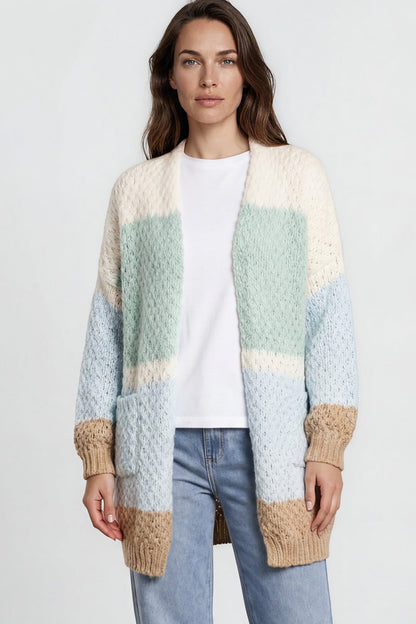 Hana Cardigan - Open Lattice Knit with Pockets and Balloon Sleeves in White/Green Multi
